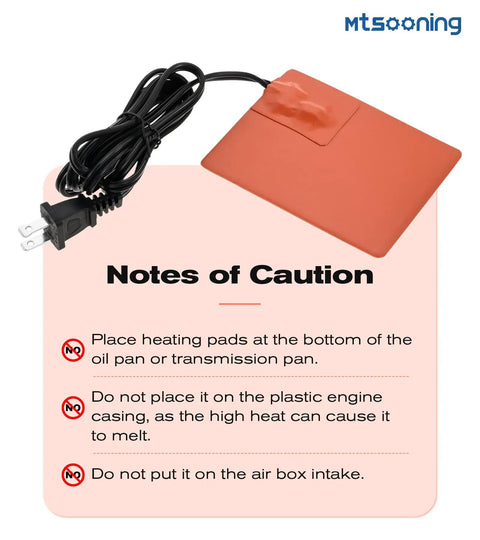 2Pcs Silicone Engine Block Heater Pad, 4X5 Inch, 150W 120V Reliable Tough As Nails Cold Start Oil Warmer Replacement For Domestic Autos And Pickup Trucks with caution notes.