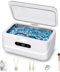 Top Shelf Professional 48KHz Ultrasonic Jewelry Cleaner Heavy Duty with rings, glasses in tank, stainless steel, 400ml capacity.