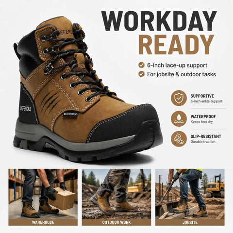Men's Six Inch Waterproof Work Boots Featuring Soft Toe Comfort And Slip Resistant Tread Engineered For Long Haul Shifts And Muddy Trade Sites Built Tough For The Daily Hustle