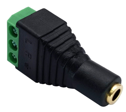 Three Point Five Mm Female To Three Pin Screw Terminal Stereo Audio Balun Adapter Five Pack Solderless Double Track Y Splitter For Headphones And Microphones No Sweat Setup Black angled view with green screw terminals.