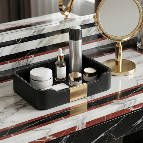 Premium PU Leather Valet Tray Organizer For Desk And Nightstand with cosmetics on marble surface