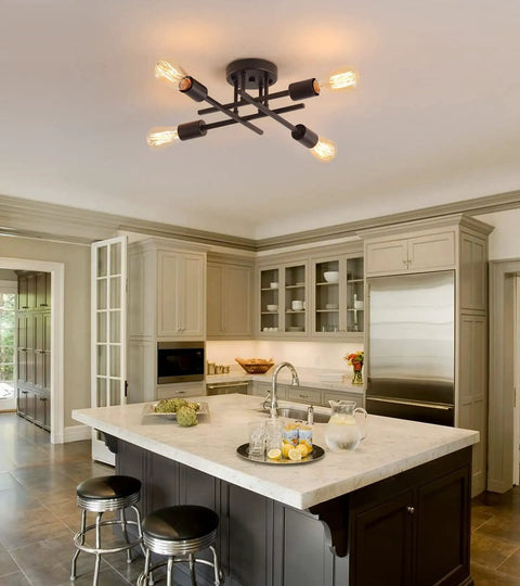 Four Light Black Semi Flush Mount Ceiling Light With Industrial Mid Century Vibe For Hallway Bathroom Bedroom Kitchen Dining Room Porch And Laundry UL Listed installed in modern kitchen