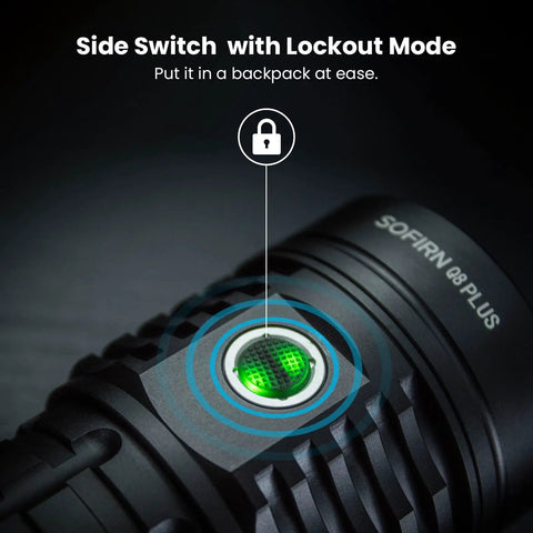 Beast Mode Bright 16000 Lumen Rechargeable Flashlight With 6 LED Power Anduril 2 UI side switch lockout feature close-up