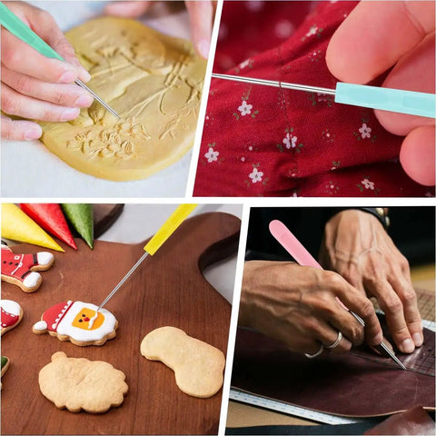 Hella Sharp Icing Scribe Tool Kit With 12 Stainless Steel Fondant Needles For Sweet Cookie Decorating And Cake Design, showing various uses.