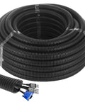 Badass Heavy Duty Corrugated Polyethylene Wire Conduit Flexible Black Cable Protector Tubing With Roomy Inner Bore And Sixty Five Foot Roll; 65ft coil with inner cables visible.