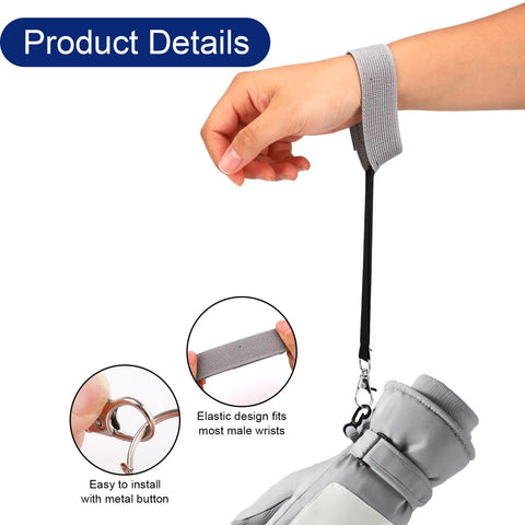 Four Pack Ski Glove Leashes Made From Premium Nylon With Metal Button Keep Your Gloves On The Go During Mountaineering Skiing Snowboarding And Other Outdoor Sports Grey, shown attached to glove