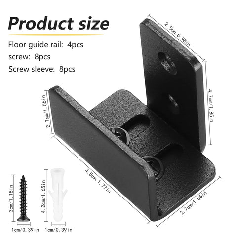 U Shape Floor Guide For Sliding Barn Doors, 4 Pack, Black Finish, Wall Mount, Flush Flat Bottom Design, with screws and sleeves