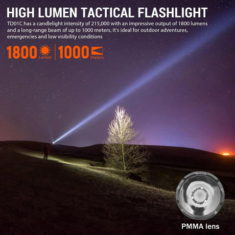 Rechargeable Tactical Flashlight With Buck Regulated Driver 1800LM SFT40 LED beam lighting up a tree at night, IP68 rugged