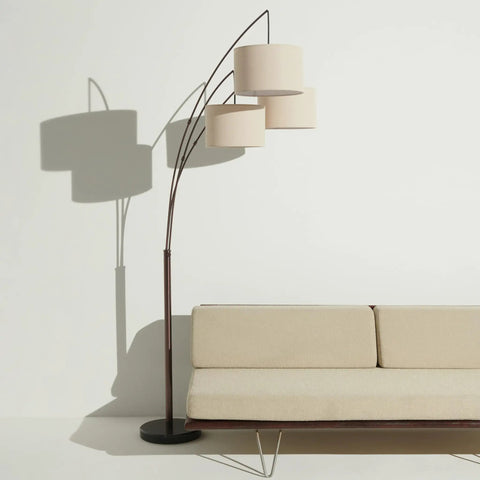 Trilage Arc Floor Lamp With Three Fabric Shades And LED Bulbs For A Lit Living Room Over Sofa Reading Area Multi Head Tree Style Standing Lamp In Oil Rubbed Bronze Ideal For Bedrooms And Hallways