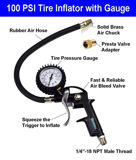 Beefed Up Heavy Duty Twenty Piece One Quarter Inch NPT Air Accessory Tool Kit with tire inflator gauge and hybrid hose