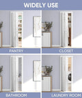 Image of a 24 In By 80 In Bi Fold Door With 6 Panel Primed Hollow Core Interior Doors And Hardware Kit For Easy Install In Laundry And Pantry Or Bedroom, shown installed in pantry, closet, bathroom, and laundry room settings.
