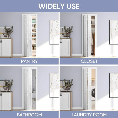 Image of a 24 In By 80 In Bi Fold Door With 6 Panel Primed Hollow Core Interior Doors And Hardware Kit For Easy Install In Laundry And Pantry Or Bedroom, shown installed in pantry, closet, bathroom, and laundry room settings.