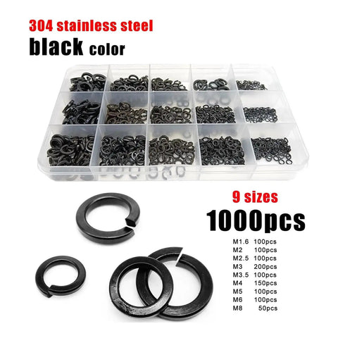 Stainless Steel Spring Split Lock Washer Kit Set With 1000 Pieces Mixed Sizes M1.6 M2 M0.5 M3 M4 M5 M6 M8 Black Finish And Elastic Gasket For Nuts Bolts And Screws To Prevent Loosening From Vibration. 304 stainless steel black split lock washer kit, 9 sizes, 1000 pcs organizer box
