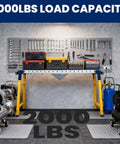 Boss Level Heavy Duty Folding Welding Table Workbench, 2000LB load capacity with tools and rolling stands in garage setting.
