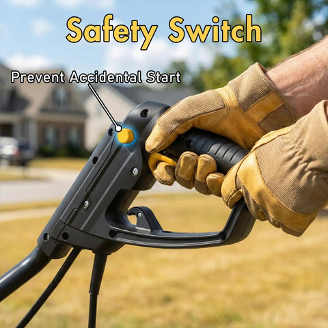 Gloved hand on safety switch of Powerful 13.5 Amp Electric Tiller Cultivator With 18 Inch Wide Tilling featuring ergonomic handle.