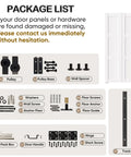 Package list for Premium Three Panel Bifold Barn Door With Heavy Duty Sliding Hardware Set, including pulleys and screws.