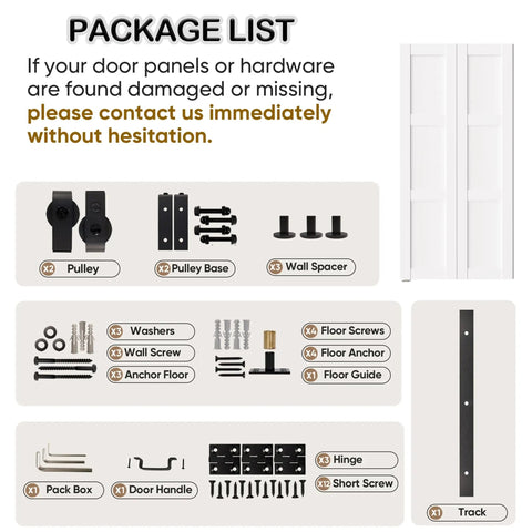 Package list for Premium Three Panel Bifold Barn Door With Heavy Duty Sliding Hardware Set, including pulleys and screws.