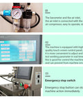 Plug And Play Automated Single Nozzle Filling Machine 100 To 1000ml control panel, air compressor connection, and emergency stop switch.