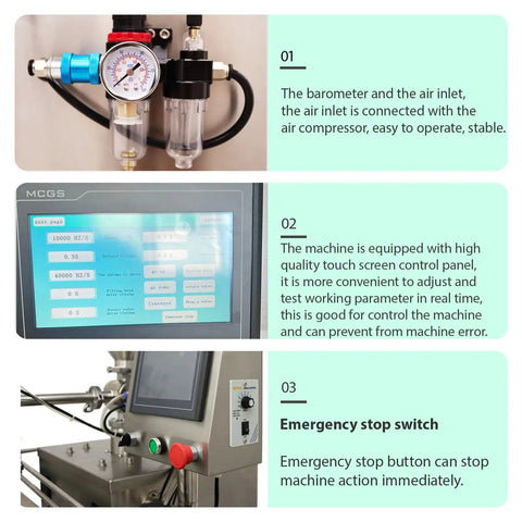 Plug And Play Automated Single Nozzle Filling Machine 100 To 1000ml control panel, air compressor connection, and emergency stop switch.