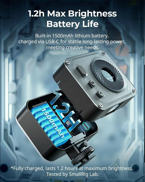 Vibe P108 Pro RGB Video Light For Cameras showing USB-C charging and 1500mAh battery for 1.2h max brightness