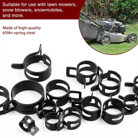Get Your Hands on This Awesome 131 Piece Assortment Kit With 16 Radiator Hose Clamp Sizes For Tightening Air Tubes And Fuel Lines Like A Pro During Auto Repair Or Home Plumbing Jobs Without Breaking The Bank. black 65Mn spring steel hose clamps, assorted sizes for mower and fuel line use