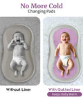 Side-by-side comparison of baby on changing pad without and with 4 Pack Waterproof Changing Pad Liners For Universal Fit With Extra Thick Ultra Soft And Absorbent 2 Sided Reusable Diaper Mat That Fits Most Changing Pads Machine Washable Purple.