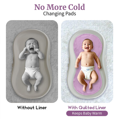 Side-by-side comparison of baby on changing pad without and with 4 Pack Waterproof Changing Pad Liners For Universal Fit With Extra Thick Ultra Soft And Absorbent 2 Sided Reusable Diaper Mat That Fits Most Changing Pads Machine Washable Purple.