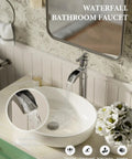 Tall Vessel Sink Faucet With Waterfall Spout Brushed Nickel Finish Single Lever Handle in farmhouse bathroom setting