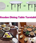 36 Inch Rotating Lazy Susan Serving Tray on wooden table with various dishes for dining, sturdy and elegant wood finish.