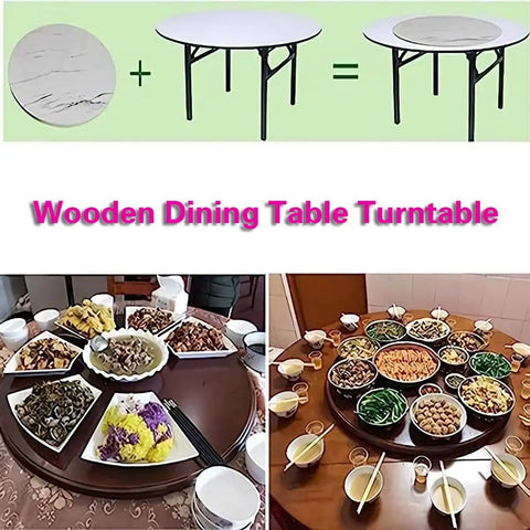 36 Inch Rotating Lazy Susan Serving Tray on wooden table with various dishes for dining, sturdy and elegant wood finish.