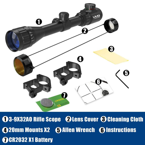 3-9x32AO Rifle Scope with Red and Green Illumination accessories, lens covers, mounts, cloth, wrench, battery, and instructions