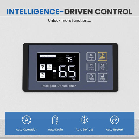 Control panel of Commercial Dehumidifier With Pump For Large Basements, Commercial Spaces, And Industrial Areas, 260 Pint Capacity.