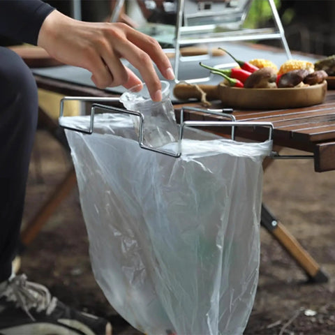 Sturdy Stainless Iron Trash Bag Holder Rack for Hanging Use Desktop or Campin Dustbin Cage in outdoor setup