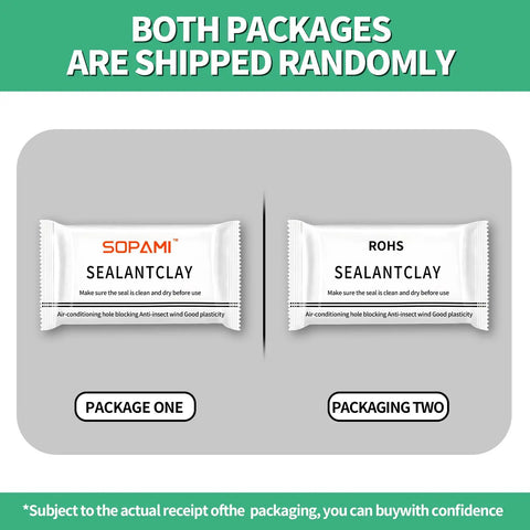 Two packages of waterproof sealant putty sachets labeled "Sealant Clay" for quick mending and wall hole repair.