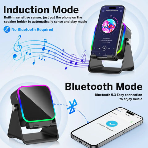 Induction Wireless Speaker With Phone Stand Five In One Bluetooth Speaker showing induction and Bluetooth modes