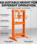 Heavy Duty 20 Ton Hydraulic H Frame Shop Press With Adjustable Worktable And Removable Stamping Plates in bright orange with height adjustments.