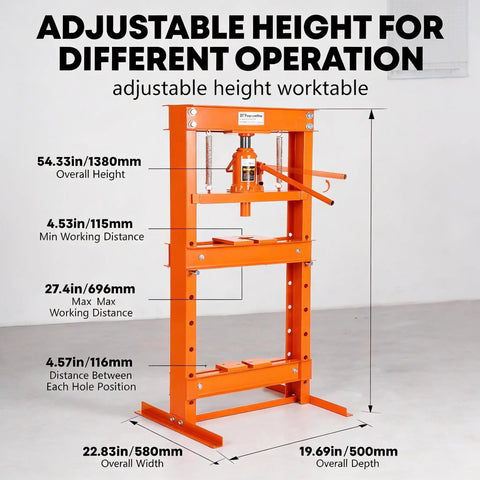 Heavy Duty 20 Ton Hydraulic H Frame Shop Press With Adjustable Worktable And Removable Stamping Plates in bright orange with height adjustments.