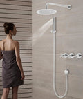 Wall Mounted Shower System 10 Inch Rainfall Shower with Handheld Spray over a modern bathroom design with a person using it.