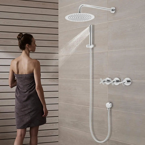 Wall Mounted Shower System 10 Inch Rainfall Shower with Handheld Spray over a modern bathroom design with a person using it.