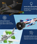 Sabre Inspired F86 EDF Jet RC Airplane For Adults With 80mm EDF 6CH Hobby Model Detailed Cockpit Weathering Realistic Look Dope PNP No Radio Battery Charger showing LED lighting, powerful motor, and assembly features.