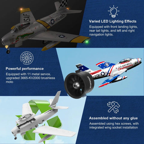 Sabre Inspired F86 EDF Jet RC Airplane For Adults With 80mm EDF 6CH Hobby Model Detailed Cockpit Weathering Realistic Look Dope PNP No Radio Battery Charger showing LED lighting, powerful motor, and assembly features.