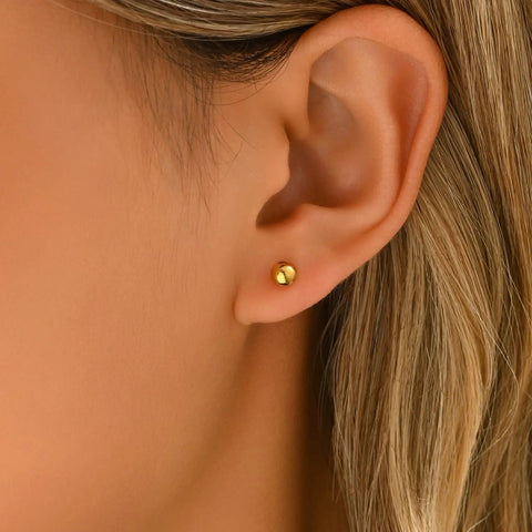 Gold Ball Stud Earrings For Women, 18K Gold Plated Stainless Steel Hypoallergenic Round Ball Studs, 2mm 3mm 4mm 5mm Size Set, Waterproof And Non Fade, Simple Yet Dope Everyday Jewelry worn on ear