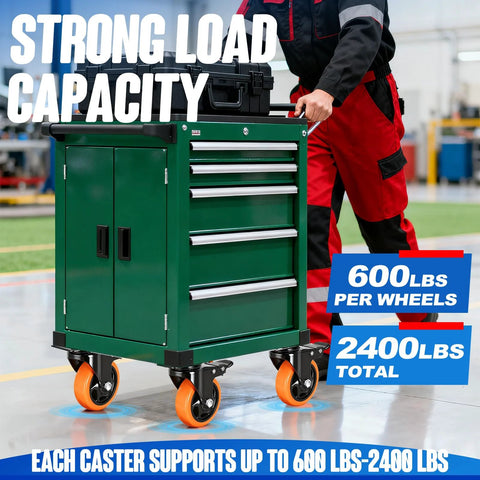 Green tool cart with 4 inch caster set of 4 dual locking PU casters with 2400lb capacity swivel wheels, in industrial setting