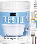 Tub And Tile Refinishing Kit With Quick Dry Tile Paint For Walls And Floors Water Based Semi Gloss White Finish For Bathrooms And Kitchens Ideal For Sinks Bathtubs And Toilets 50 To 55 Sq Ft Coverage 33 Oz, showing product container, tools, and accessories.