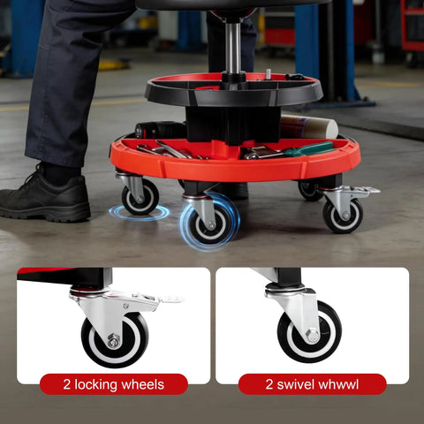 Rolling Mechanic Garage Stool With Modular Removable Tool Tray Pneumatic Height Adjustable Shop Chair for Auto Repair