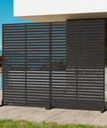 Six Panel Outdoor Privacy Screen Set With Freestanding HDPE Panels And Stand, 72 Inches High By 47 Inches Wide on patio