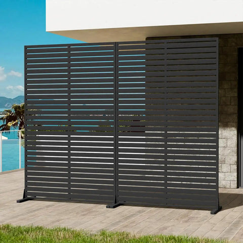 Six Panel Outdoor Privacy Screen Set With Freestanding HDPE Panels And Stand, 72 Inches High By 47 Inches Wide on patio