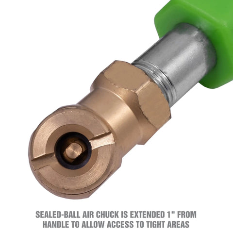 Close-up of Straight Air Chuck Tire Inflator Deflator with handle and sealed ball for 1/4 inch NPT fittings