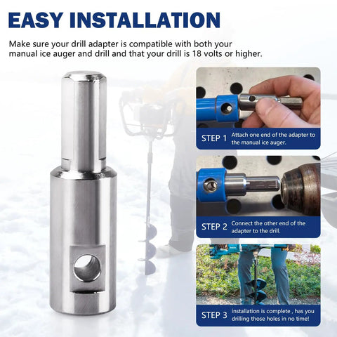 Ice Auger Drill Adapter Fits 1/2 Inch Drill Chuck Turns Hand Ice Fishing Auger Into A Cordless Power Drill Setup With 1/4 Inch Hole