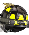 Durable Rubber Helmet Strap For ProPolymer Flashlights securing a flashlight on a black helmet with reflective strips